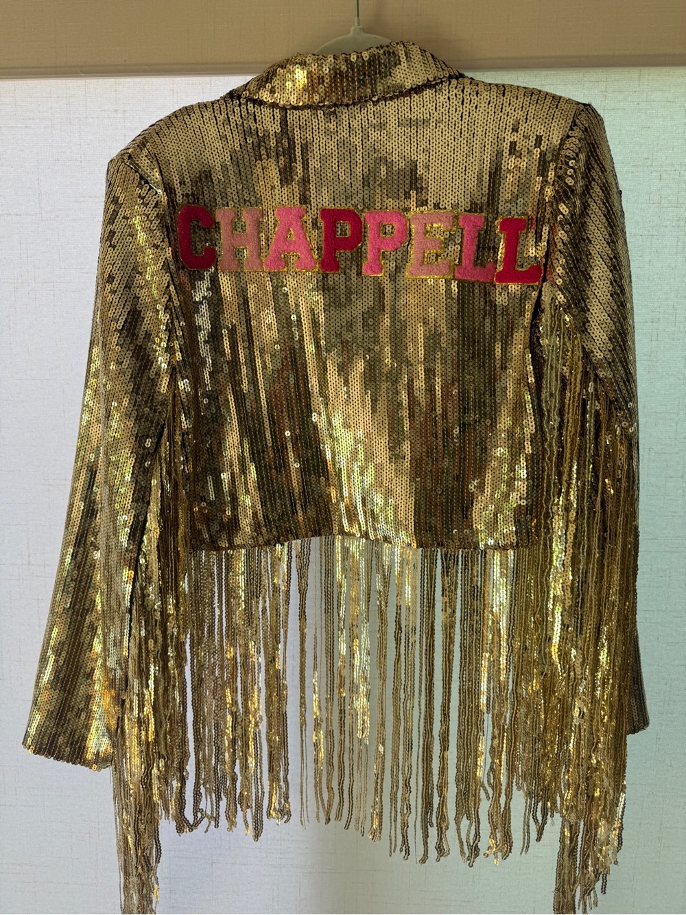 Nasty Gal Gold Sequin Fringe Jacket with Chappell Roan Pink Lettering/ Halloween - Picture 2 of 7